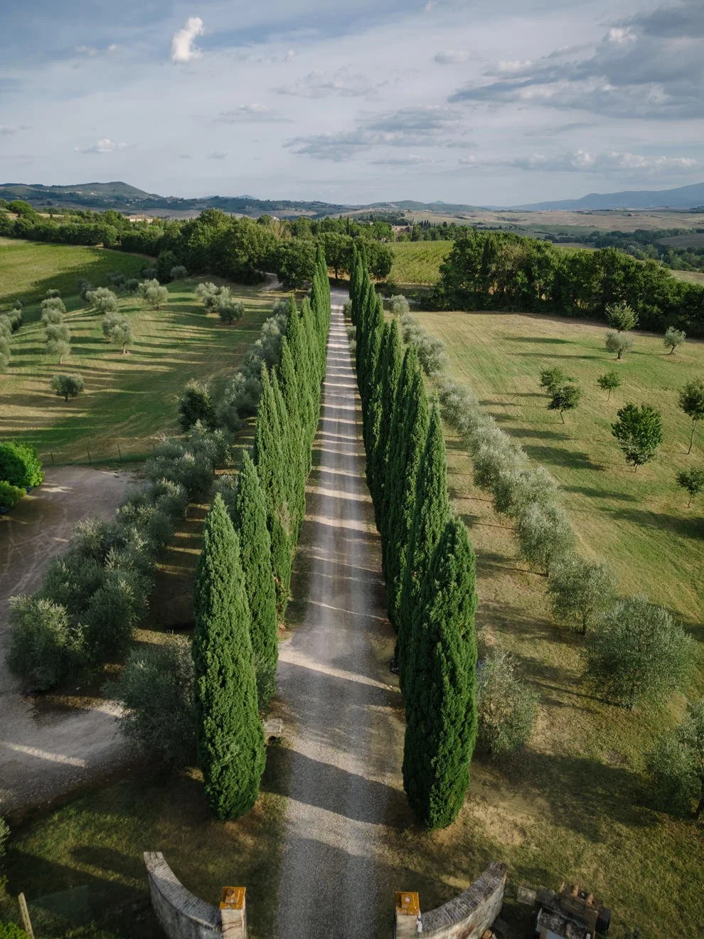 Aerial view of the long entrance road at Villa Boscarello lined with tall Tuscan cypress trees leading toward the estate.