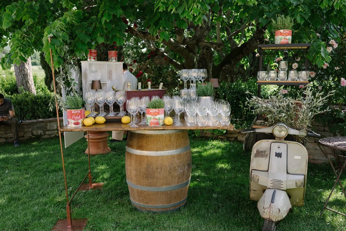 Outdoor bar setup during the welcome dinner at Le Filigare wedding venue in Tuscany.