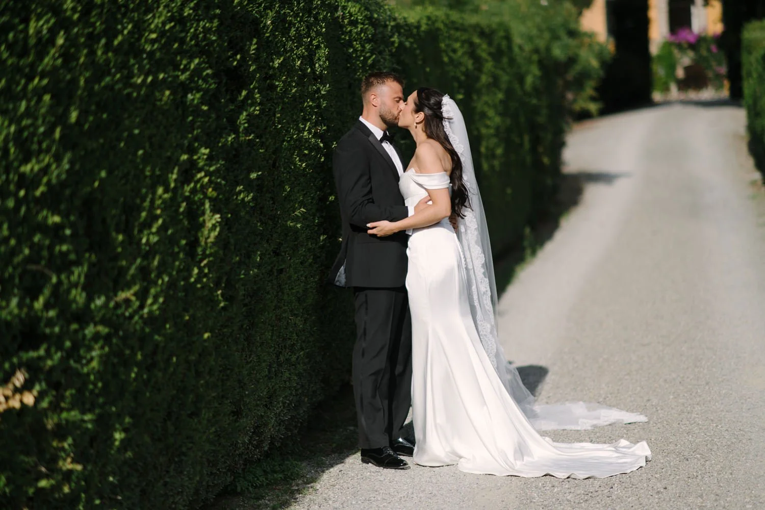 Bride and groom portrait session in the gardens of Villa di Ulignano, October Tuscany wedding by FunkyBird