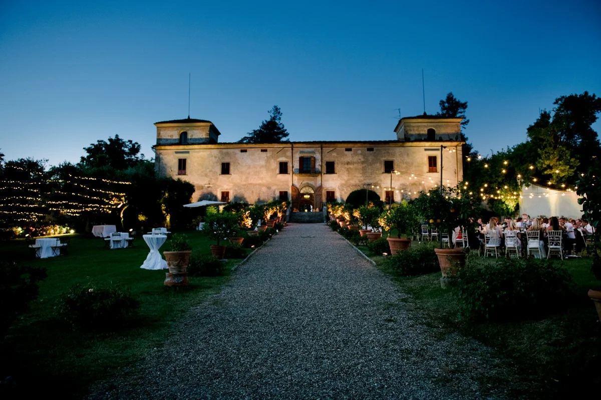 Villa Medicea di Lilliano wedding venue near Florence, surrounded by vineyards and rolling Tuscan landscape.