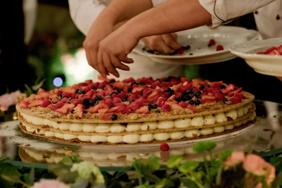 Italian wedding cake with fresh fruit served at Villa Medicea di Lilliano