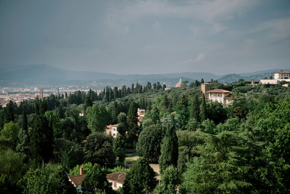 View of the Florence hills from Villa Cora, showing the elevated position of the villa above the city.