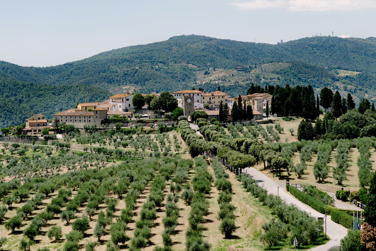View from Villa Artimino wedding venue overlooking the historic village and surrounding olive groves in Tuscany.