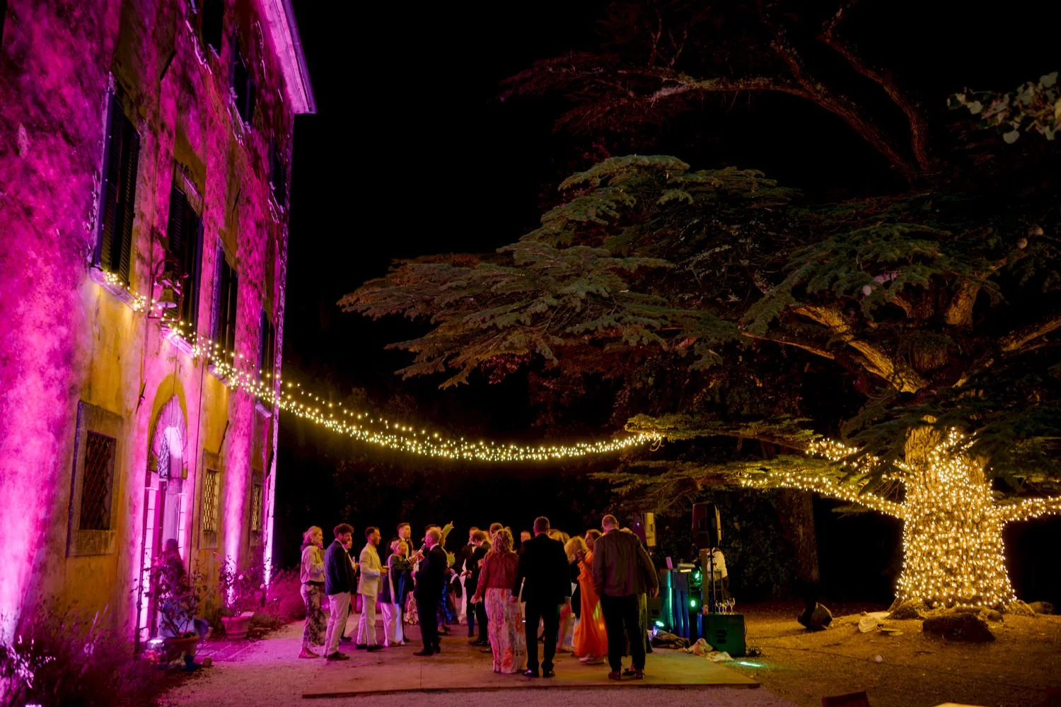 Late-night wedding party with pink uplighting and string lights under the cypress trees at Villa di Ulignano, FunkyBird Photography