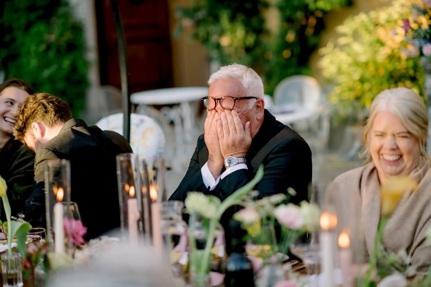 Father of the bride emotional moment during dinner speeches at Villa di Ulignano, October UK wedding photographed by FunkyBird