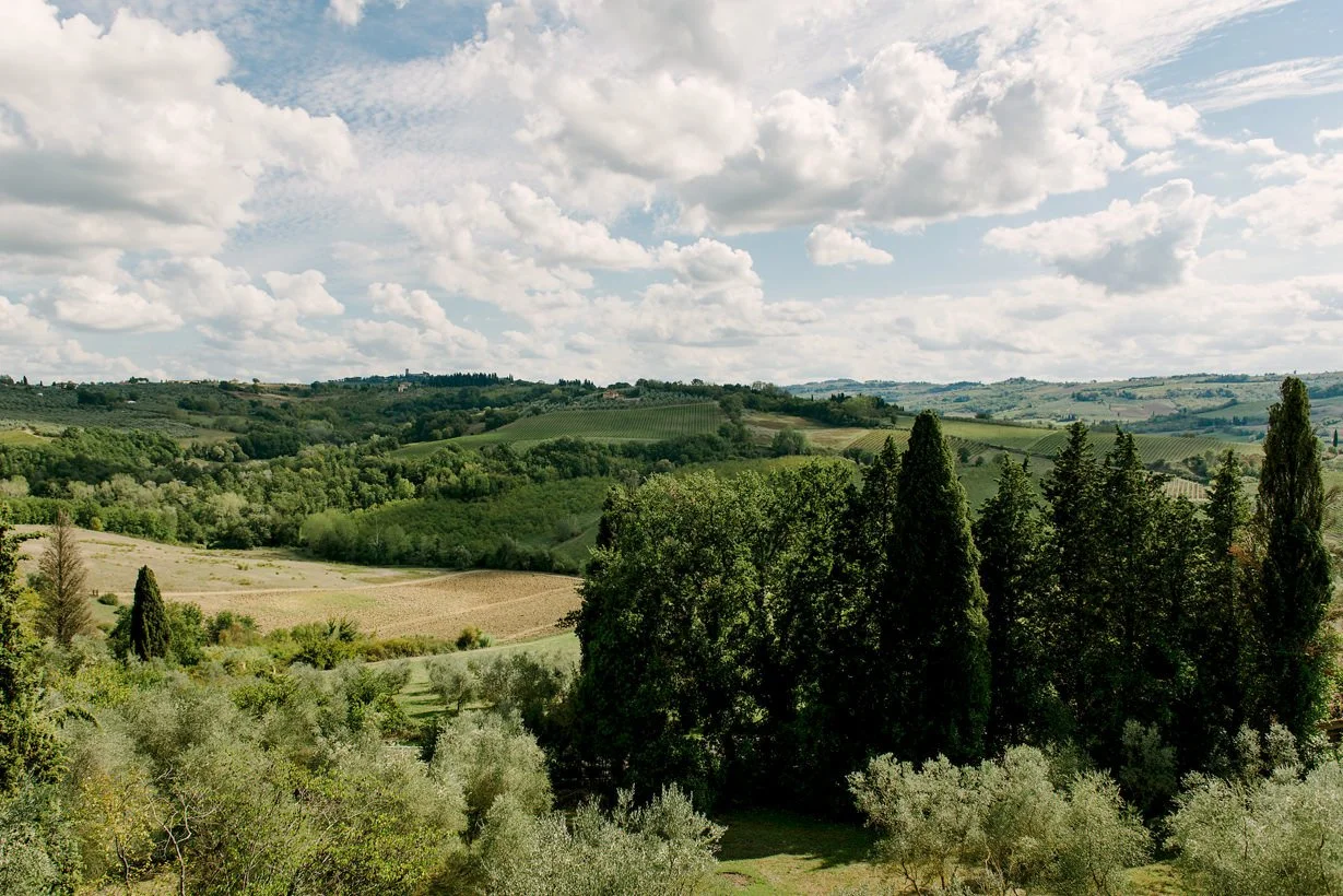 View over the Tuscan countryside from Castello di Montegufoni, showing rolling hills and open landscape surrounding the historic castle.