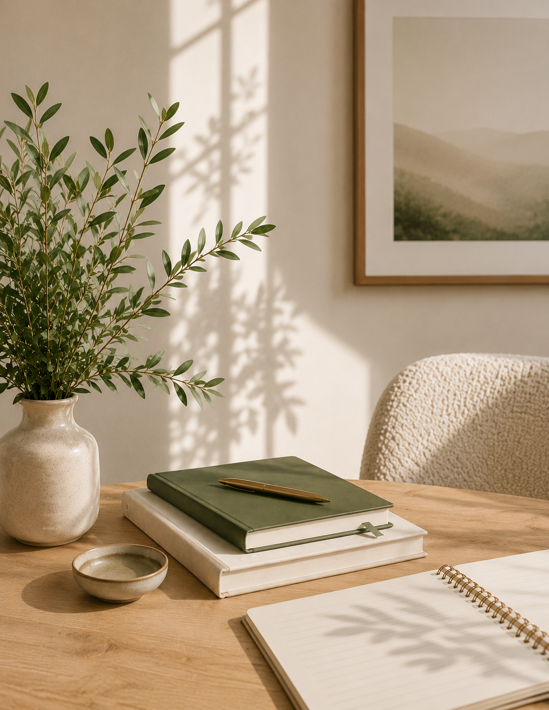 Minimalist desk with books and ceramic vase in a calm, welcoming therapy office