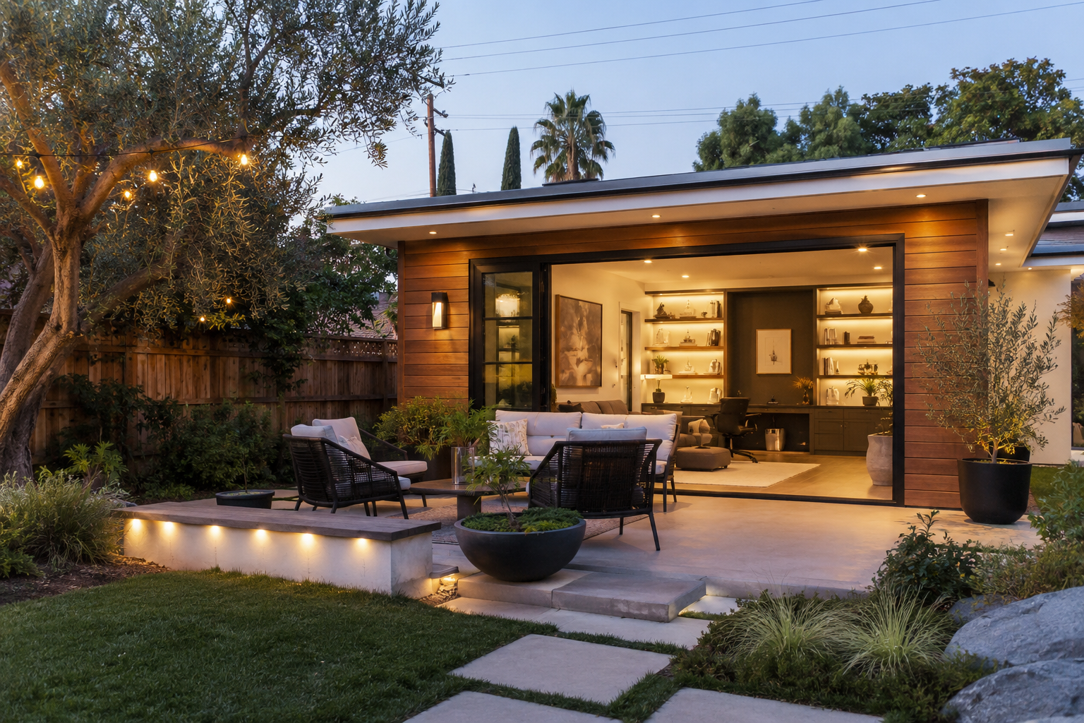 High-end room addition in a Fullerton backyard with large sliding glass doors, warm exterior lighting, outdoor seating, landscaped patio, and seamless indoor-outdoor connection.