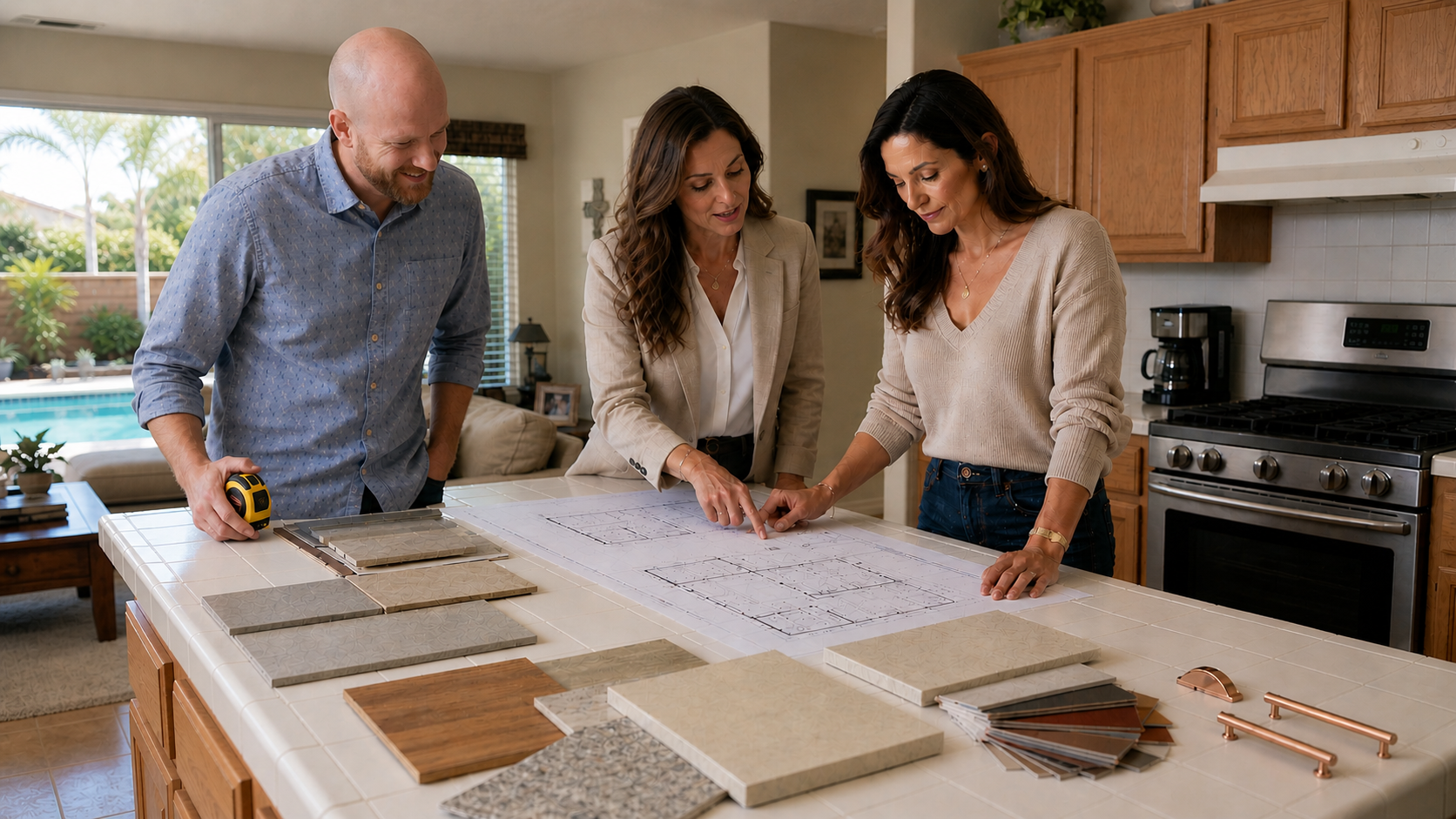 General contractor, interior designer, and homeowner reviewing kitchen remodel plans and finish samples during a pre-construction meeting in a Fullerton, CA home.