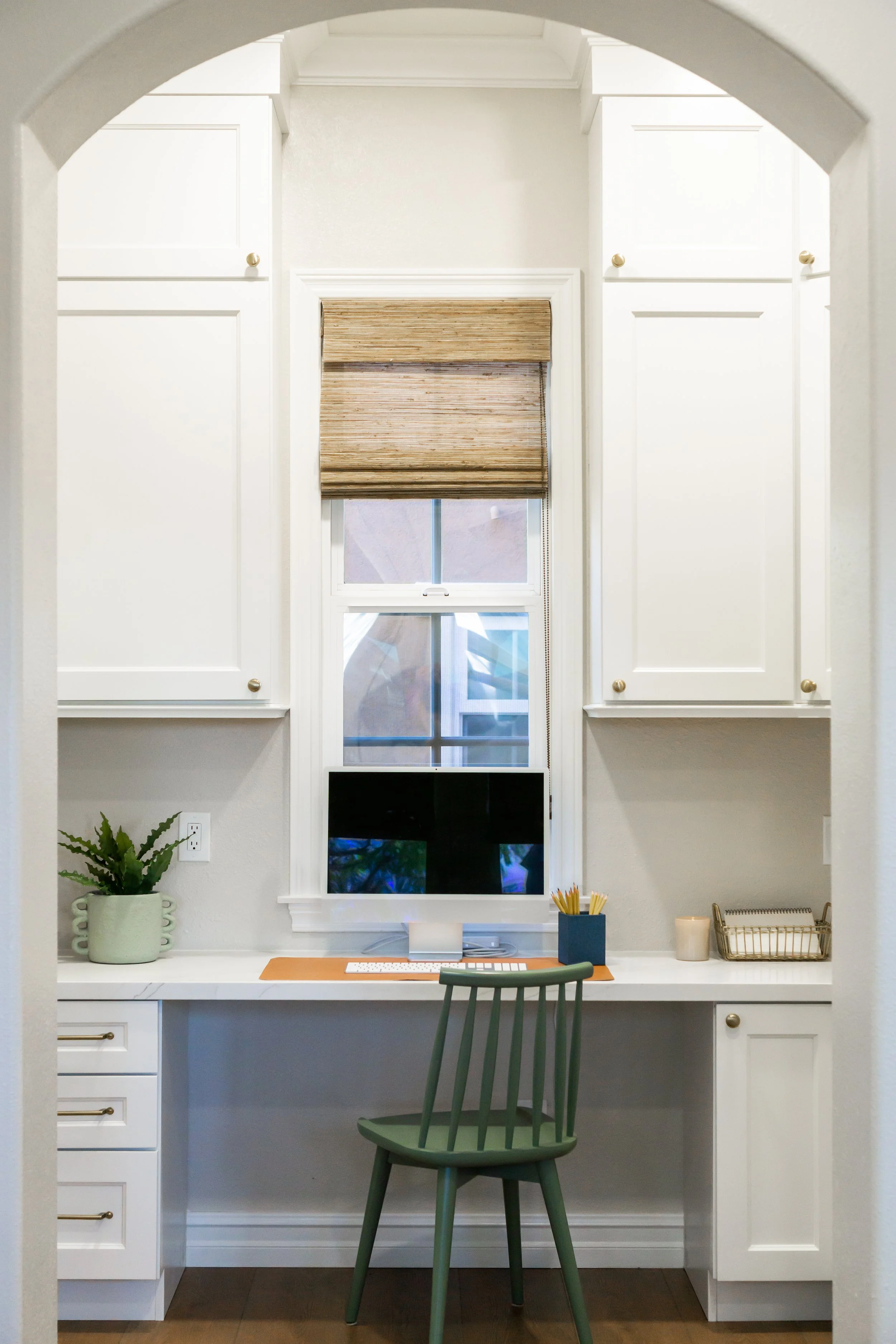 Custom home office remodel in Yorba Linda CA with built-in cabinetry, integrated desk, and natural light workspace.