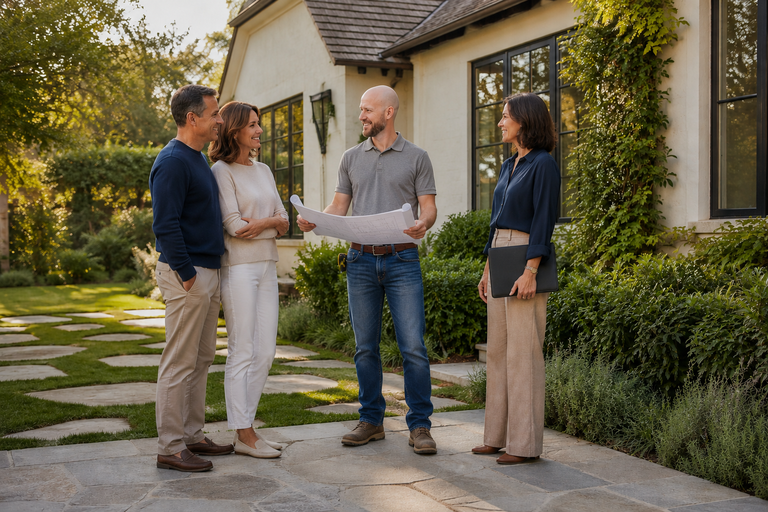 Jason White of Apex reviews plans with homeowners and an interior designer in a landscaped Orange County backyard before a high-end home addition project.