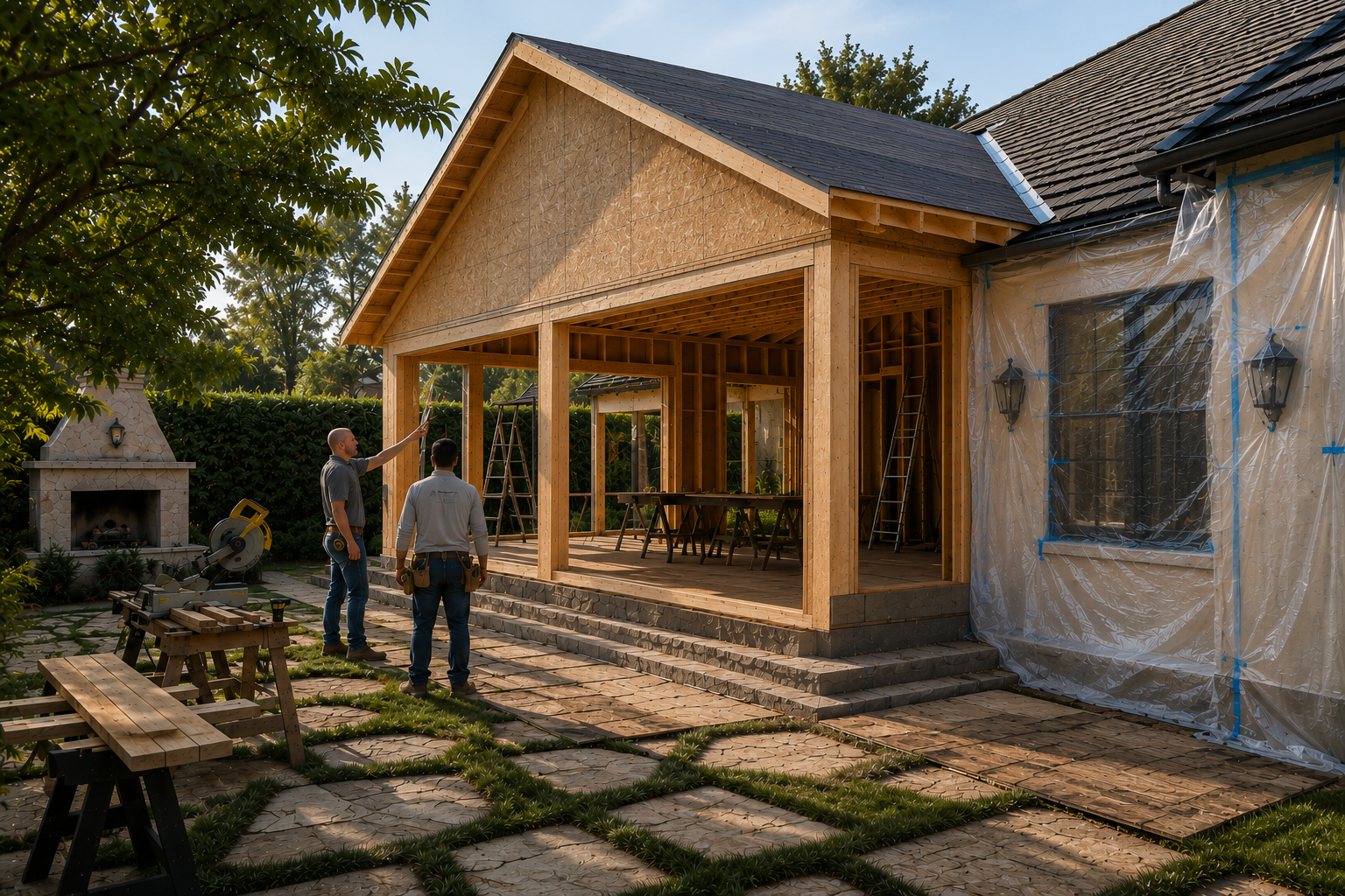 Jason White of Apex points out a framing detail to a construction worker during a high-end Orange County home addition, with exposed wood framing, OSB sheathing, protective plastic over the existing house, and a clean backyard jobsite.