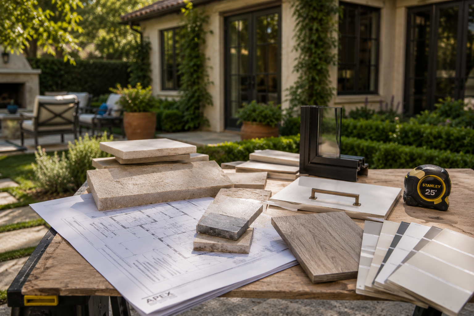Material samples, blueprints, window frame, tile, wood flooring, paint swatches, and a tape measure laid out on a construction table in a landscaped Orange County backyard for a high-end home addition.
