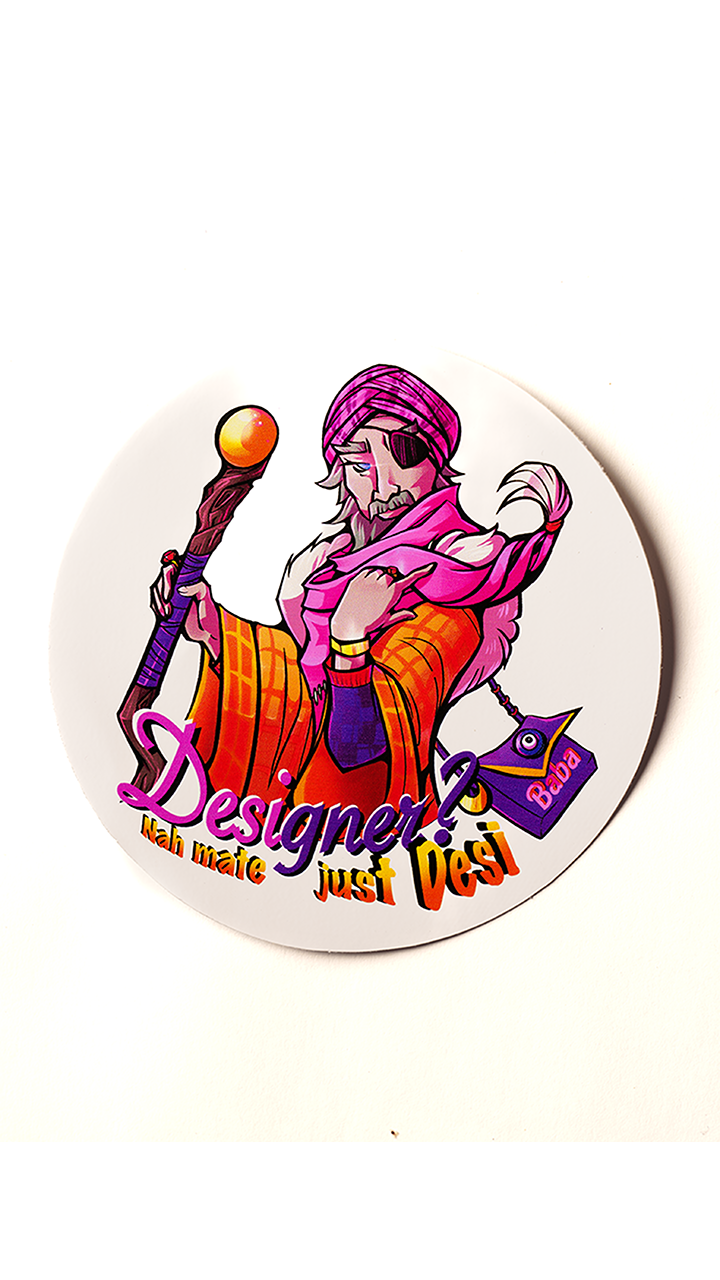 A circular Baba Desi Belgrave Wizard designer full colour sticker.