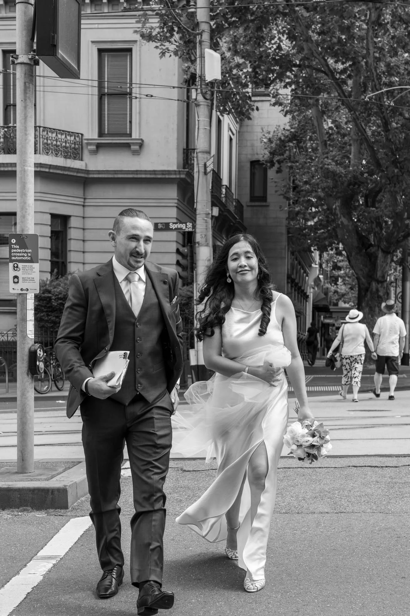 Kosta and Yue arriving at Treasury Building Melbourne for a simple registry ceremony