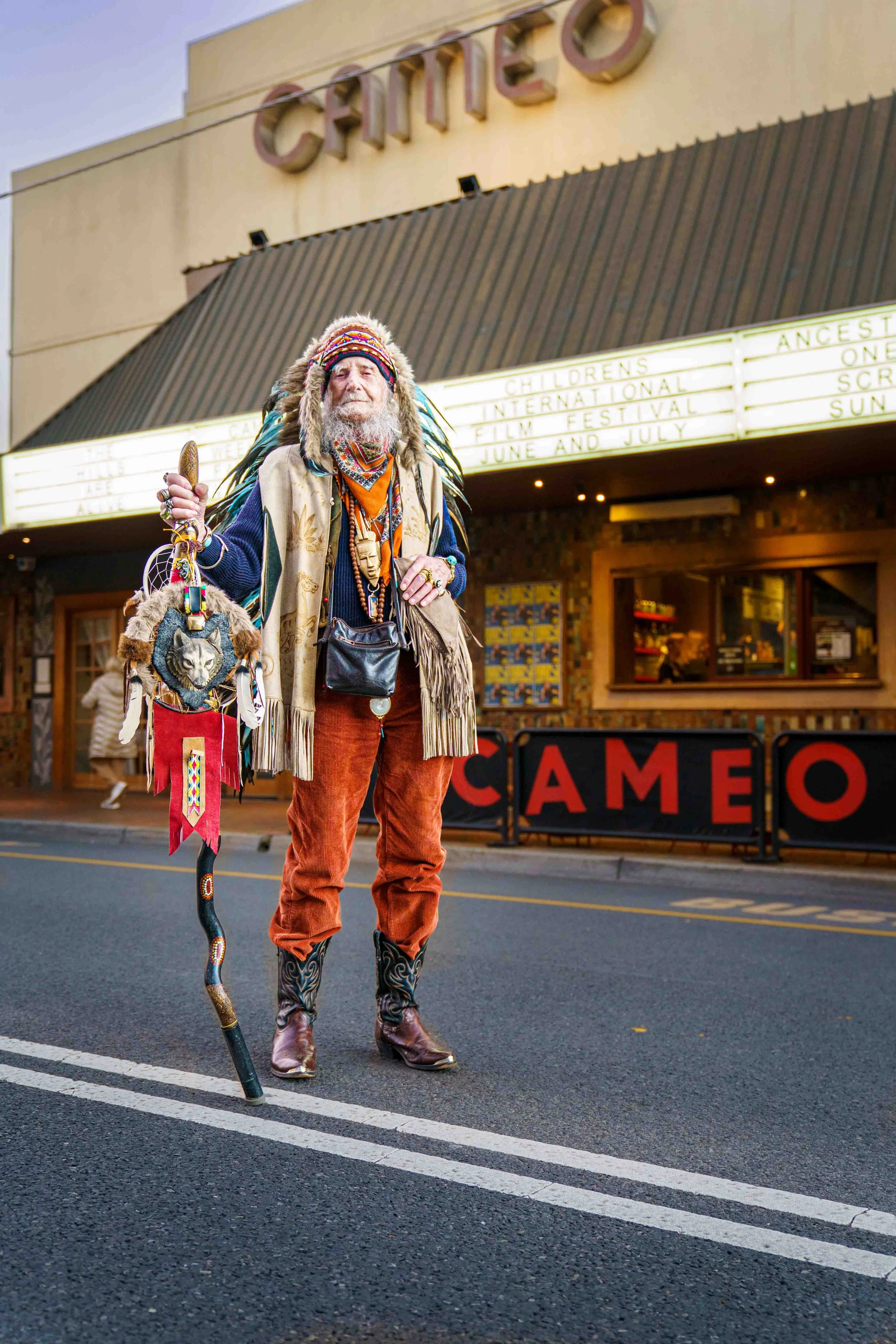 A totemic figurehead to the hills tribes of the Yarra Ranges, Baba Desi stands in front of Belgrave's iconic Cameo Cinema. He is ready to lead the 2025 Lantern Festival Parade.