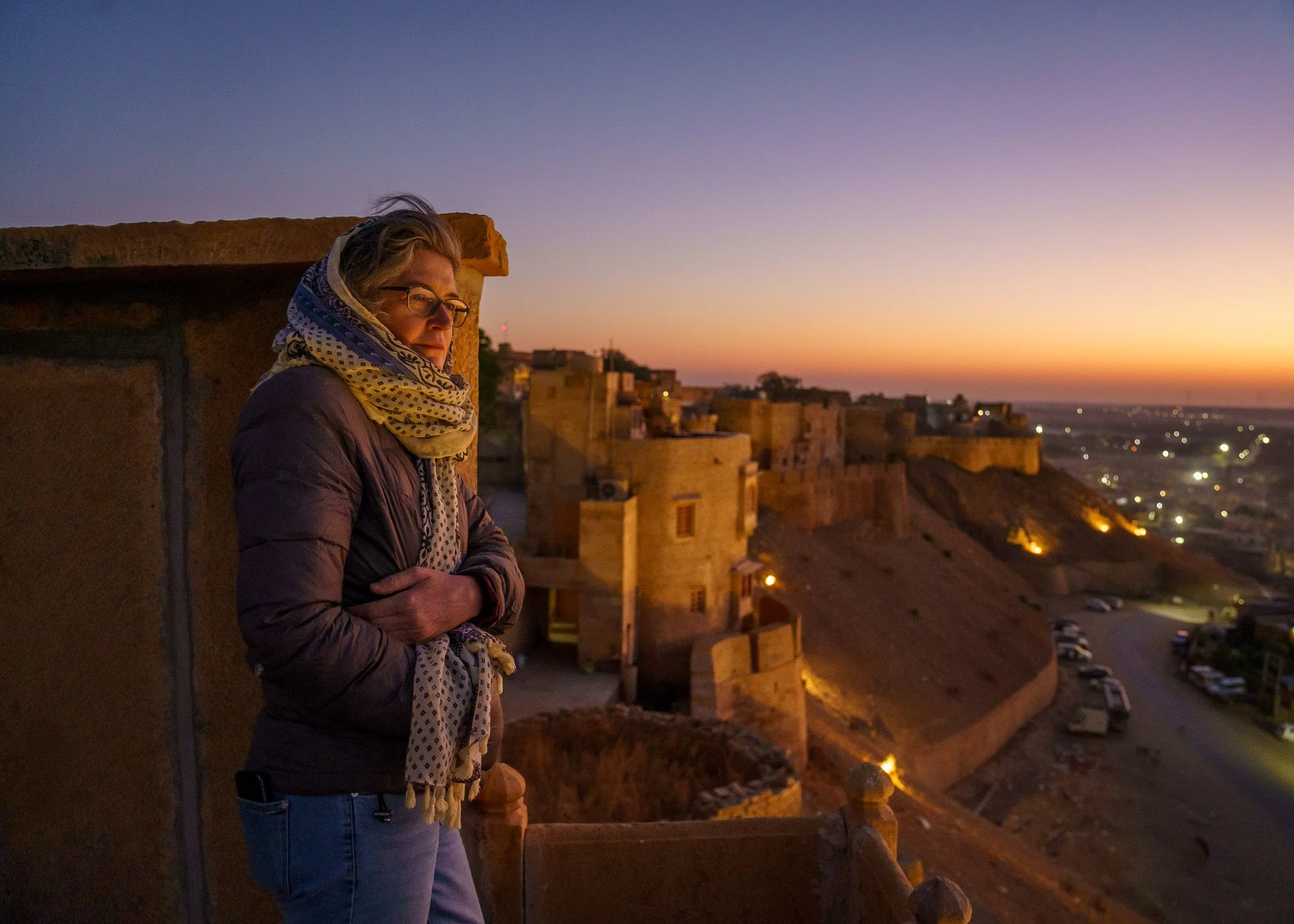 My dear friend Liz standing on top of Jaisalmer Fort in Rajasthan India at dawn