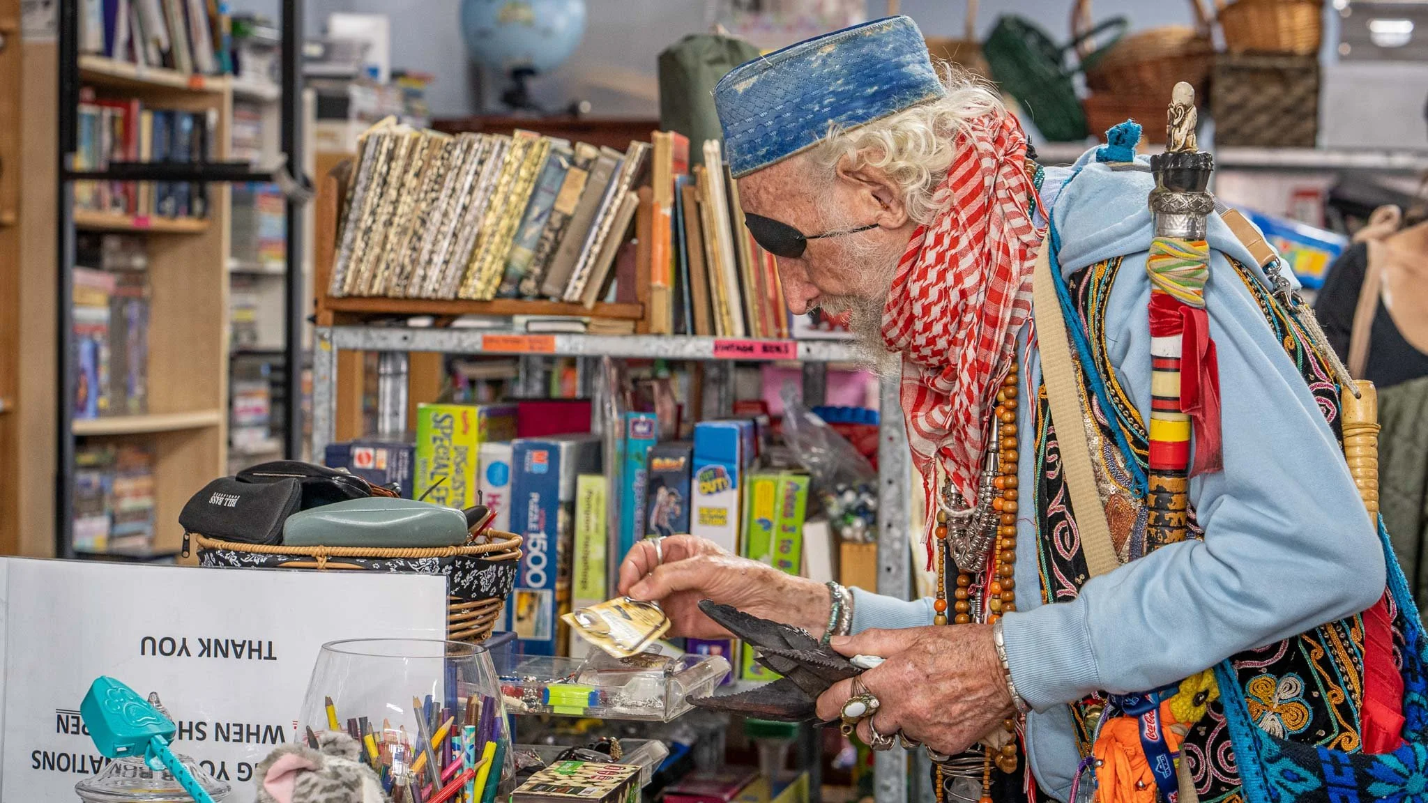 Baba Desi the Belgrave Wizard is an expert op shopper, coming home with some searious vintage ,quirky finds. Almost all his clothing is sourced from these shops.His famous staffs are bedecked with op shop treasures. Like a bower bird he brings home a
