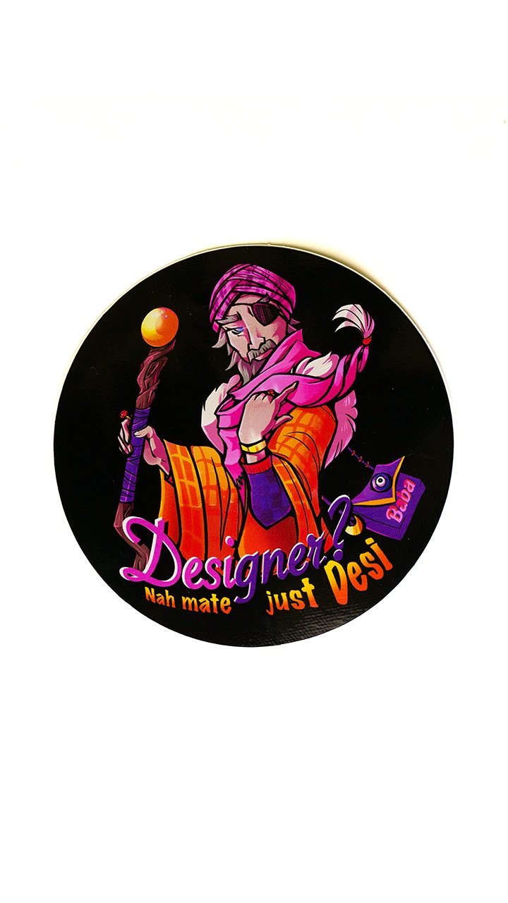 A circular Baba Desi Belgrave Wizard designer full colour sticker.