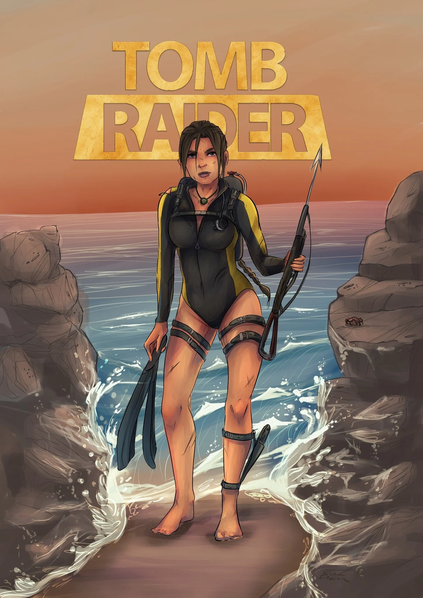 Lara Croft Wetsuit drawing by Susie Gander