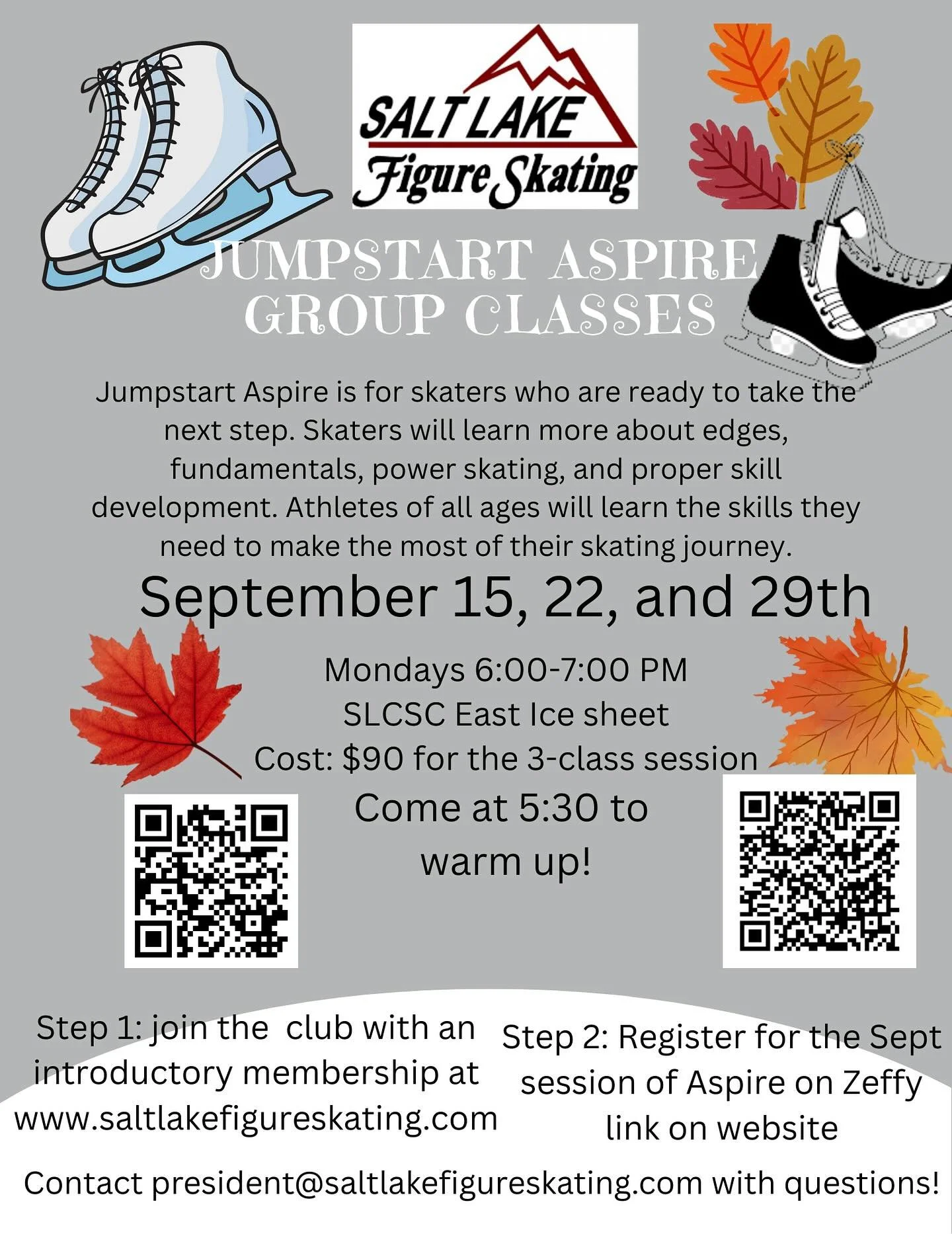 ⛸✨ Ready to take the next step in your skating journey?
Join our Jumpstart Aspire Group Classes this September!
📅 Sept 15, 22 &amp; 29
🕕 6:00&ndash;7:00 PM (warm-up at 5:30)
📍 SLSC East Ice Sheet
💲 $90 for 3 classes
Learn edges, fundamentals, pow