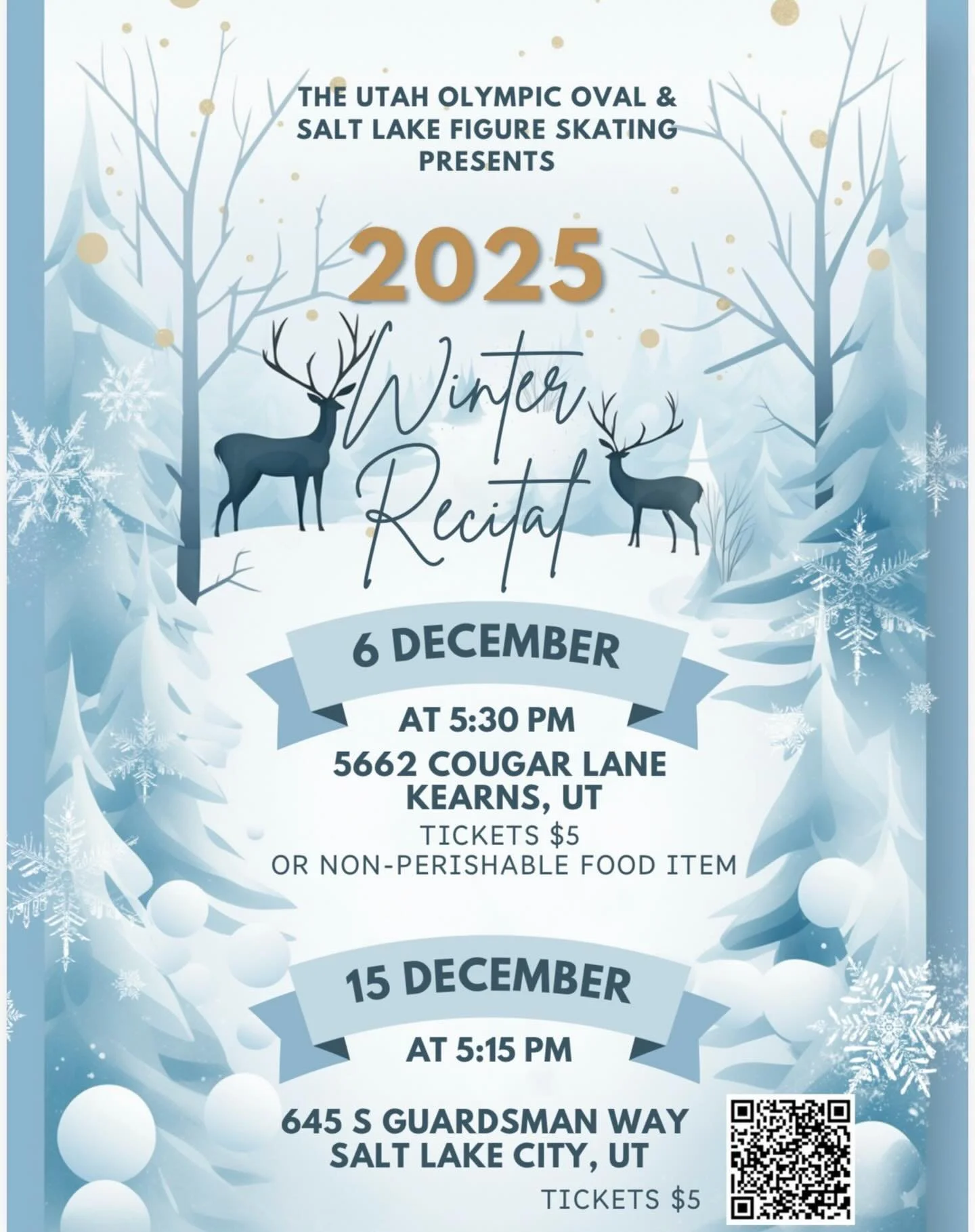 ❄️✨ 2025 Winter Recital ✨❄️
Celebrate the season with beautiful figure-skating performances!
- Dec 6 &ndash; 5:30 PM (Kearns, UT)
- Dec 15 &ndash; 5:15 PM (Salt Lake City, UT)