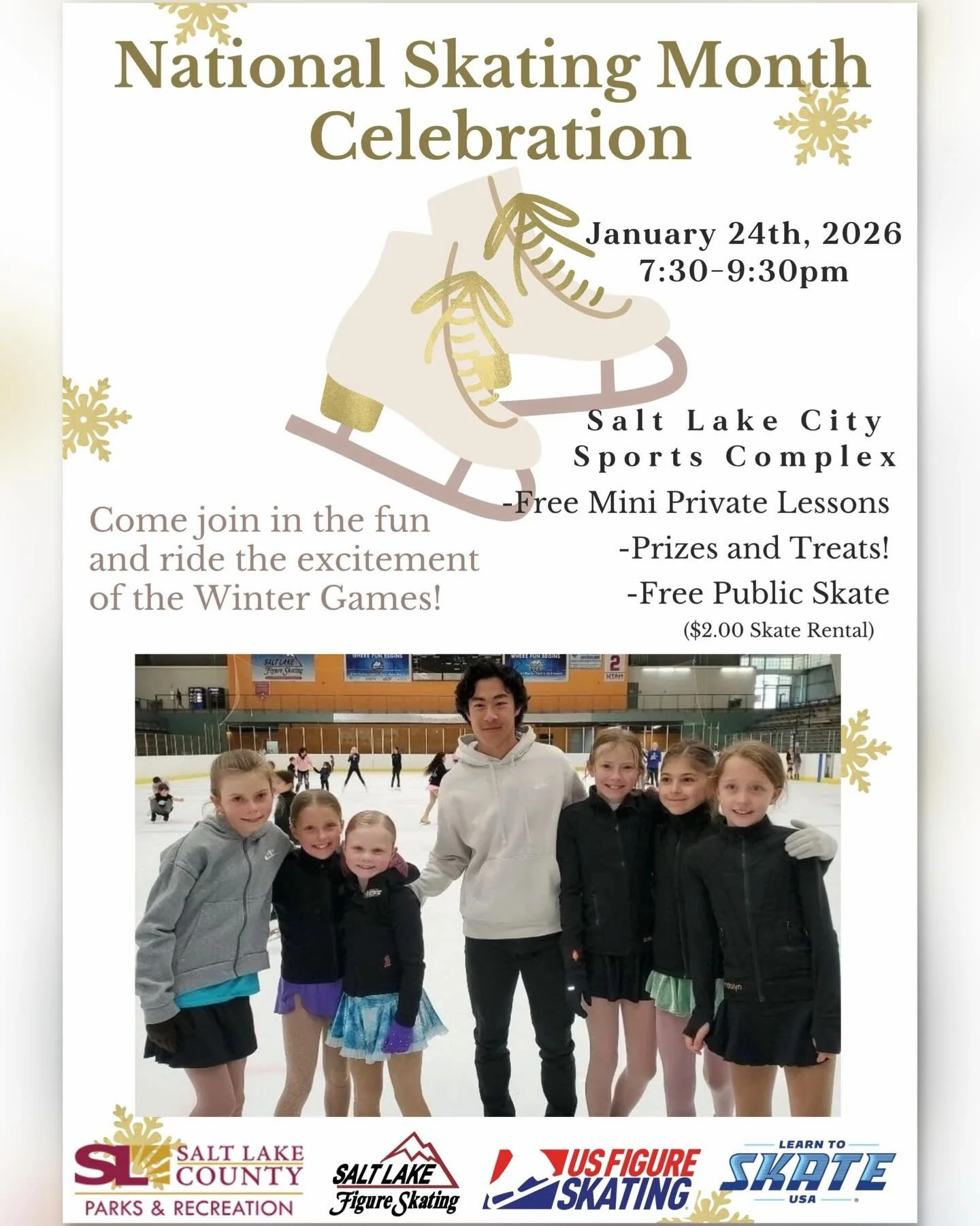 Come celebrate skating with us!
📅 Jan 24 | ⏰ 7:30&ndash;9:30 PM
📍 Salt Lake City Sports Complex
🎉 Free public skate
🎁 Prizes &amp; treats
🏅 Free mini private lessons
Bring your families and friends and ride the winter fun! ❄️💛

#figureskater #i