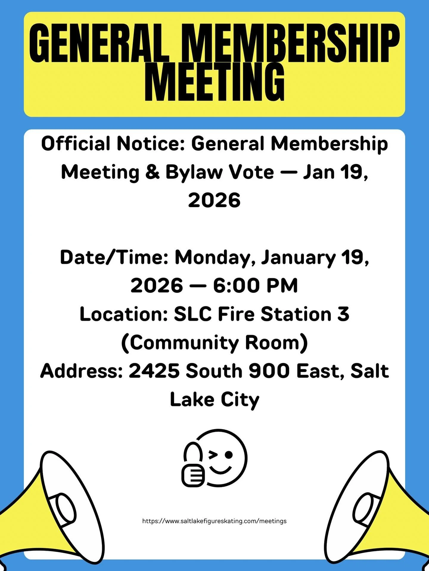 📣 General Membership Meeting Reminder
We&rsquo;ve posted the notice for our upcoming General Membership Meeting&mdash;please check the link on our website for full details. https://www.saltlakefigureskating.com/meetings
🔔 Important reminder: There 