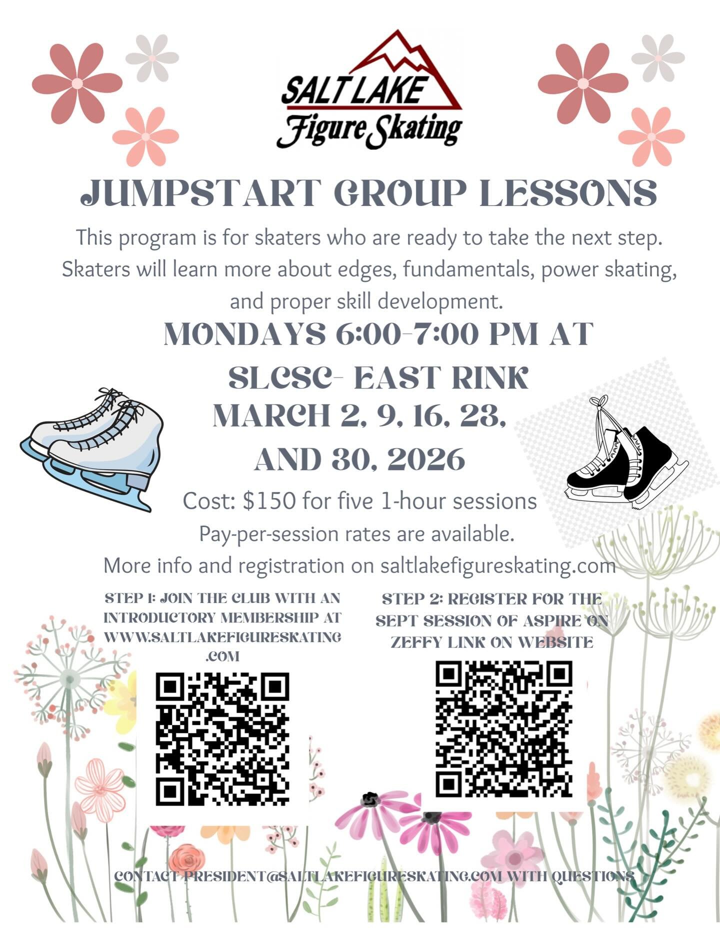 ⛸ Jumpstart Group Lessons
📍 SLCSC East Rink
🗓 Mondays in March | 6&ndash;7 PM
✨ Edges &bull; Power &bull; Fundamentals