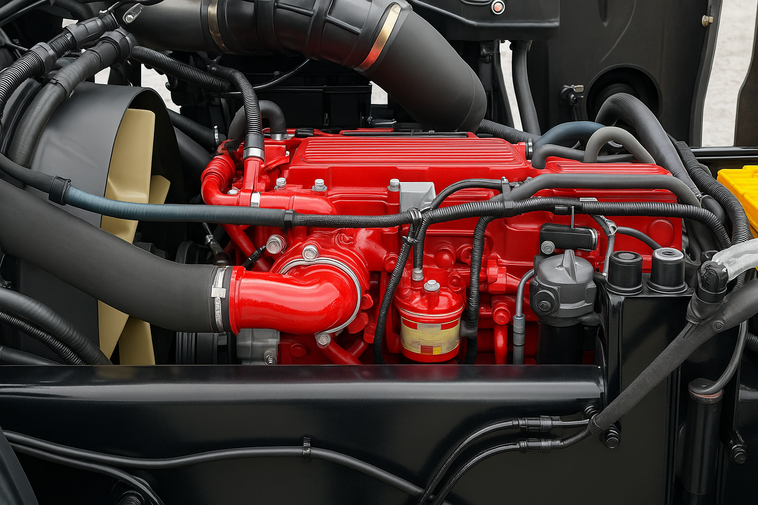 Close-up of a red heavy-duty diesel engine with black hoses, wiring, filters, and cooling fan