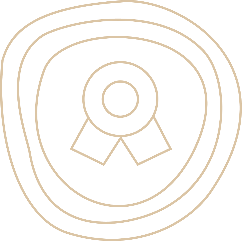 Medal with a circular ribbon pin, outlined in beige on a black background.