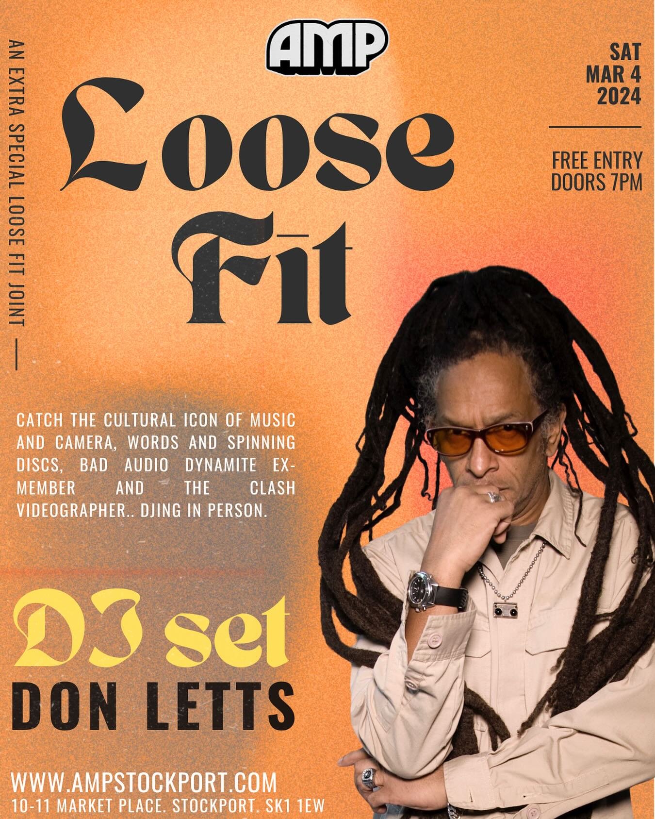 THIS SATURDAY we have the almighty and absolutely legendary DJ, Artist, Writer, Photographer (need we carry on&hellip;?) that is @lettsdon DON LETTS!! 
FREE ENTRY! DJ set from 9pm 
#donletts #dj #theclash #bigaudiodynamite #music #loosefit #stockport