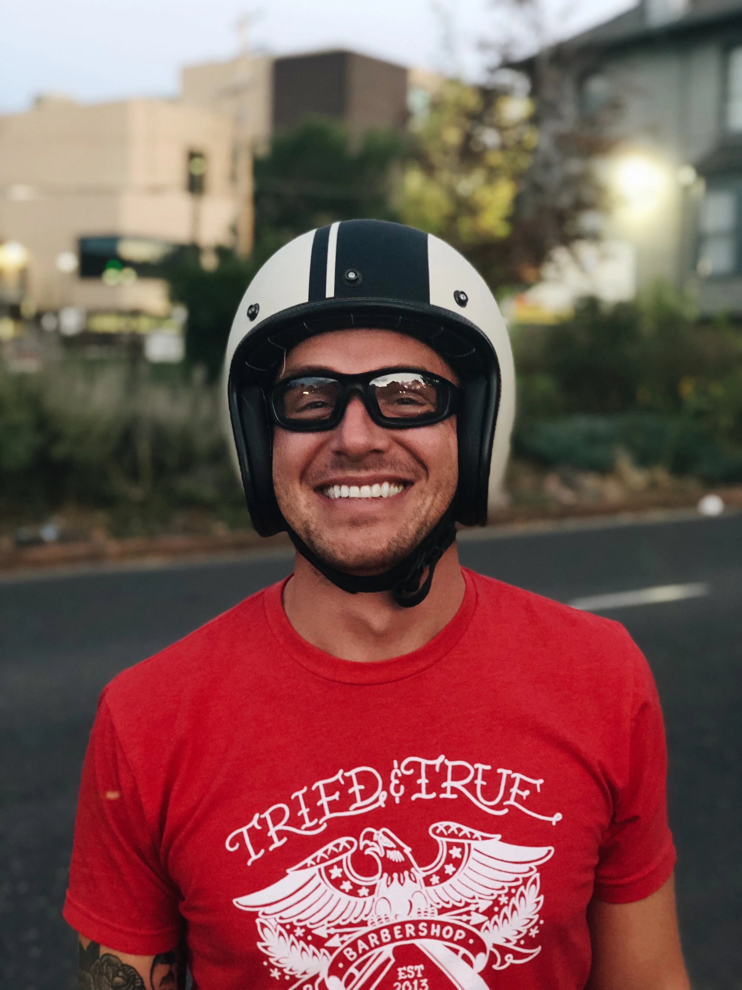 Guy Barnhart wearing a motorcycle helmet.