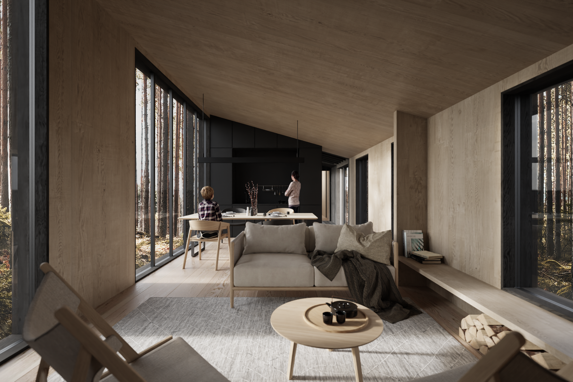 Modern living room with large floor-to-ceiling windows overlooking a wooded outdoor scene, a beige sofa with pillows, a wooden armchair, a small coffee table with tea set, and a sitting area at the dining table with two women, one sitting and one standing in the kitchen area.
