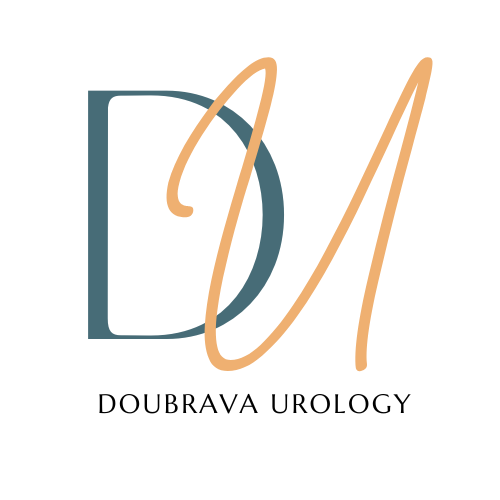 Letter D in blue with a beige cursive letter U overlapping.