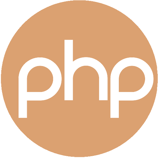 Logo with the word "php" in white letters on a tan circular background.