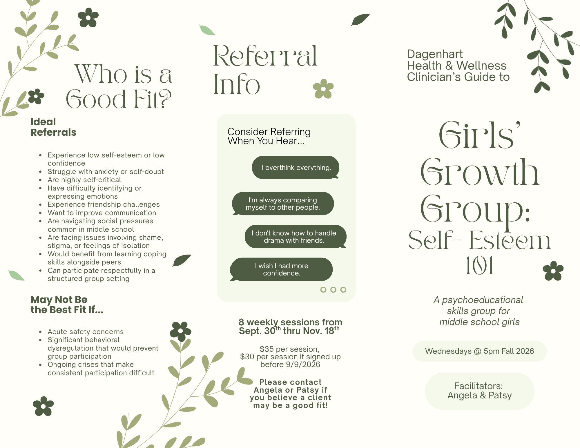 Flyer for a girls' self-esteem group called "Referral Info" by Dagenhart Health & Wellness, featuring green leaves and flowers, with information about the group, session details, and contact info for facilitators Angela and Patsy.