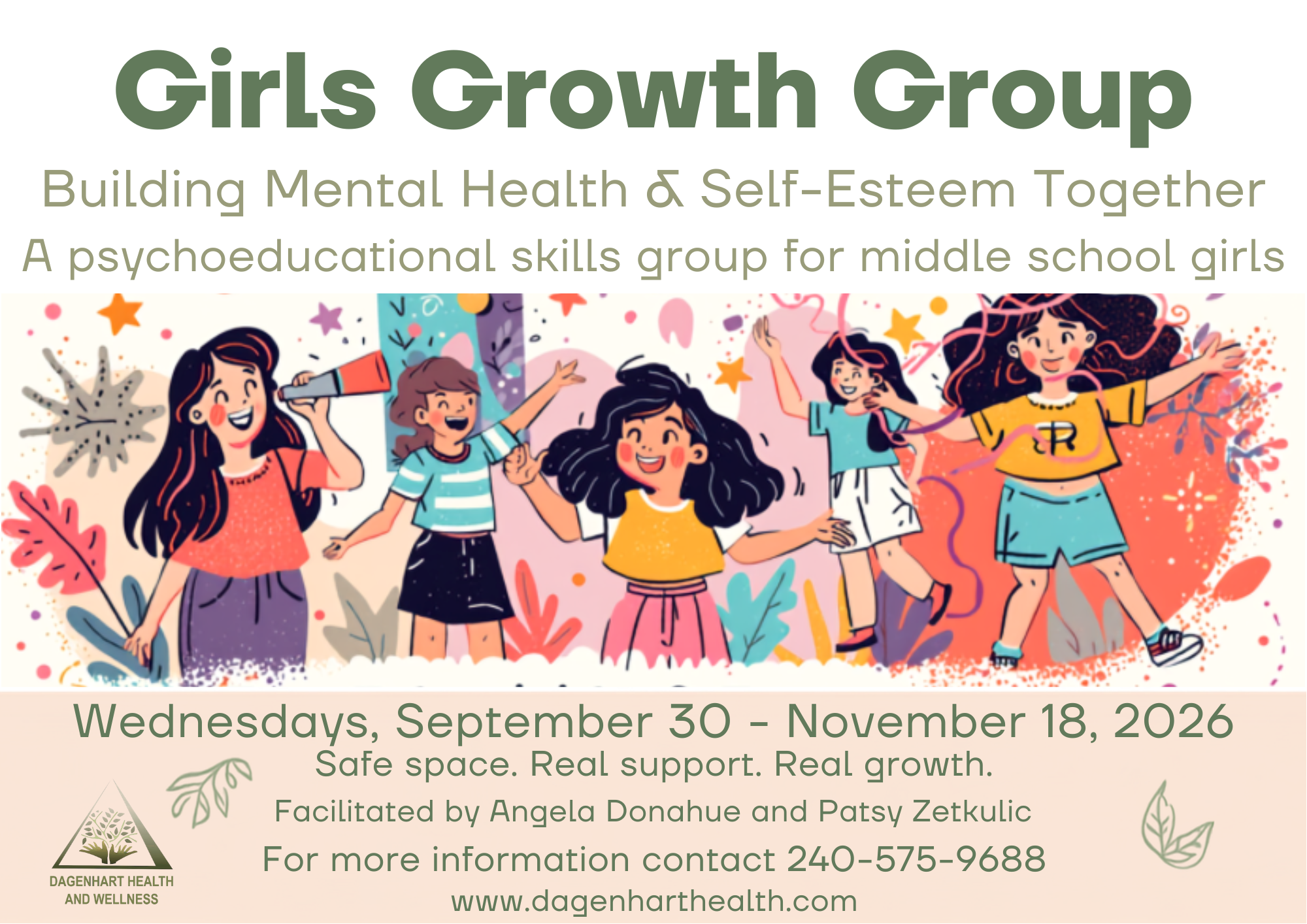 Colorful promotional poster for Girls Growth Group, a psychoeducational group for middle school girls focused on building mental health and self-esteem. Features illustrated girls celebrating and having fun with confetti and stars, with text details about the group dates and contact information.
