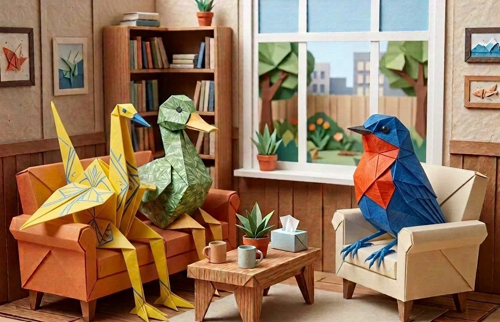 A Couples Therapy Session in Maryland, all of the people are birds.