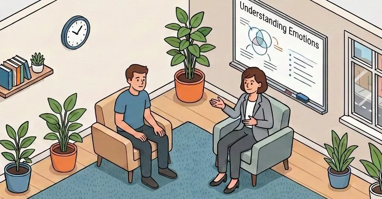 two people sitting in a therapy office having a session about emotions