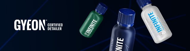 Gyeon certified detailer products, including bottles labeled "Infinite," on a dark background.