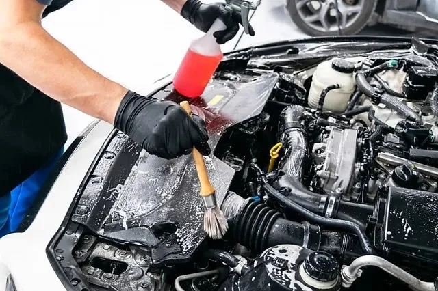 Person cleaning a car engine with a brush and spray bottle, wearing black gloves.