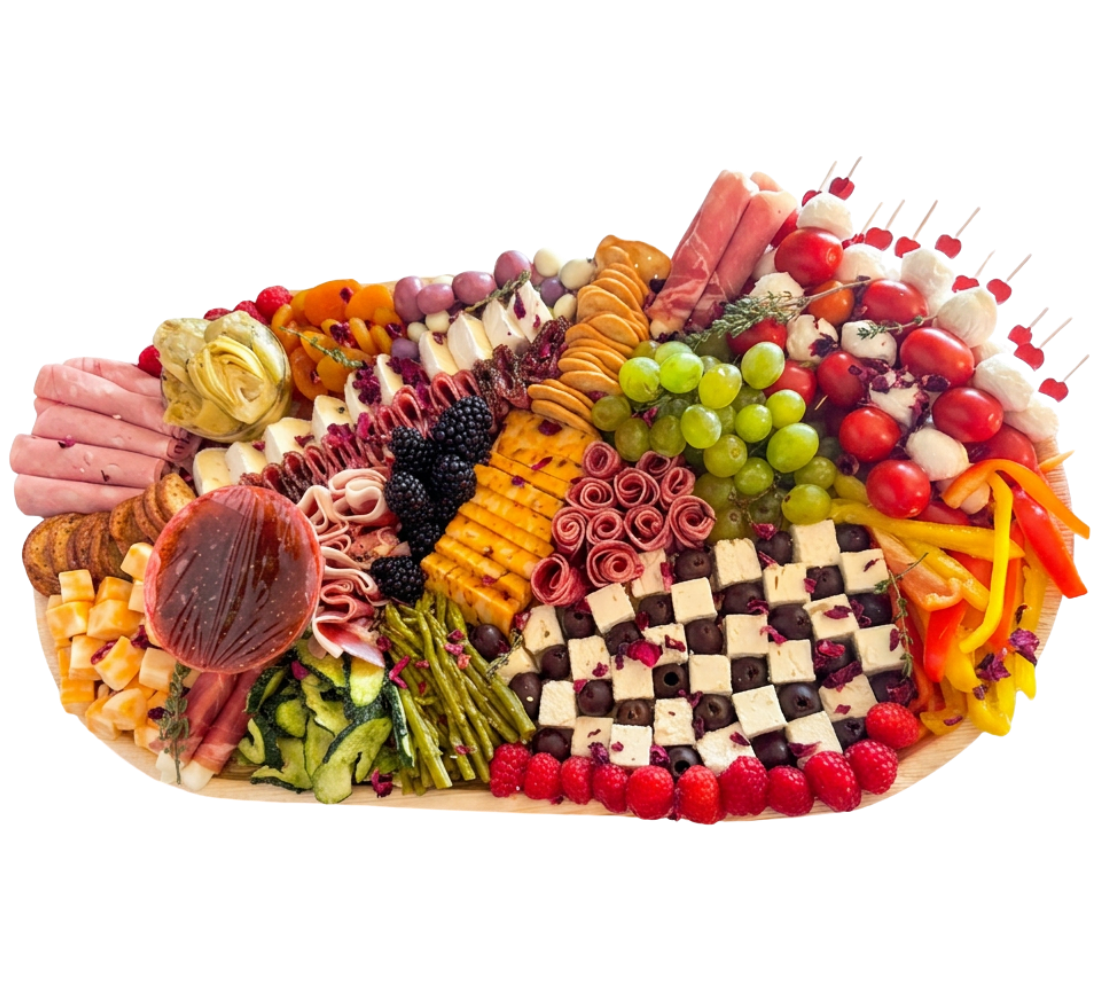 A magnificent charcuterie board featuring a checkerboard pattern with olives and feta from Brie & Burrata in San Diego.