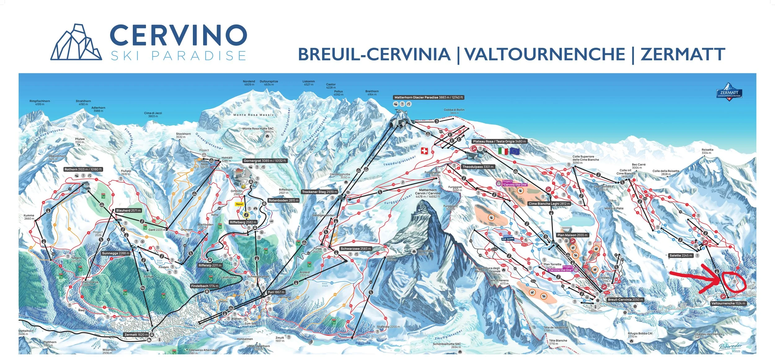 Detailed ski resort map of Breuil-Cervinia, Valtournanche, Zermatt area in the Swiss Alps. Chalet Snøstorm, Valtournenche