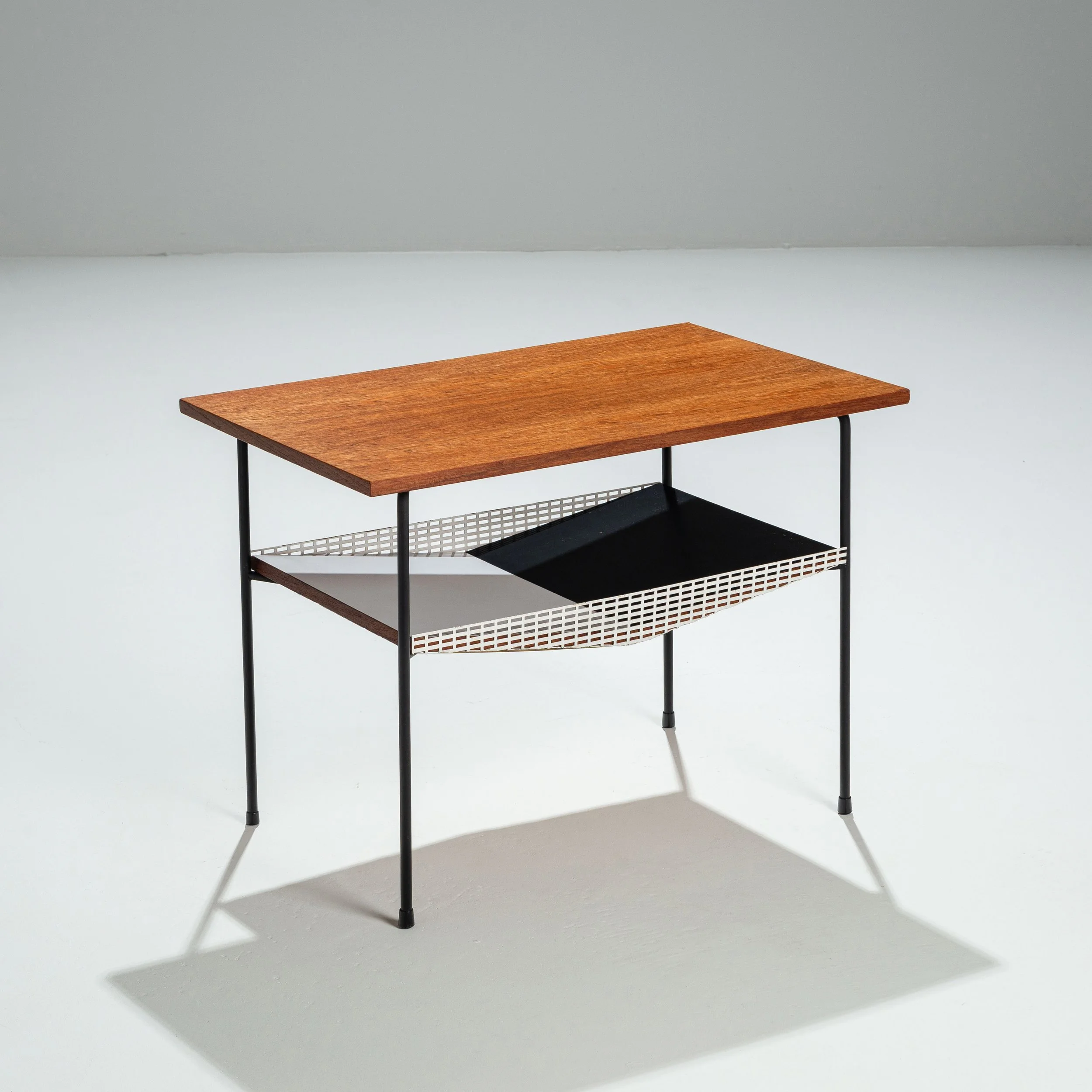 Sidetable with teak top and black and white storage shelves