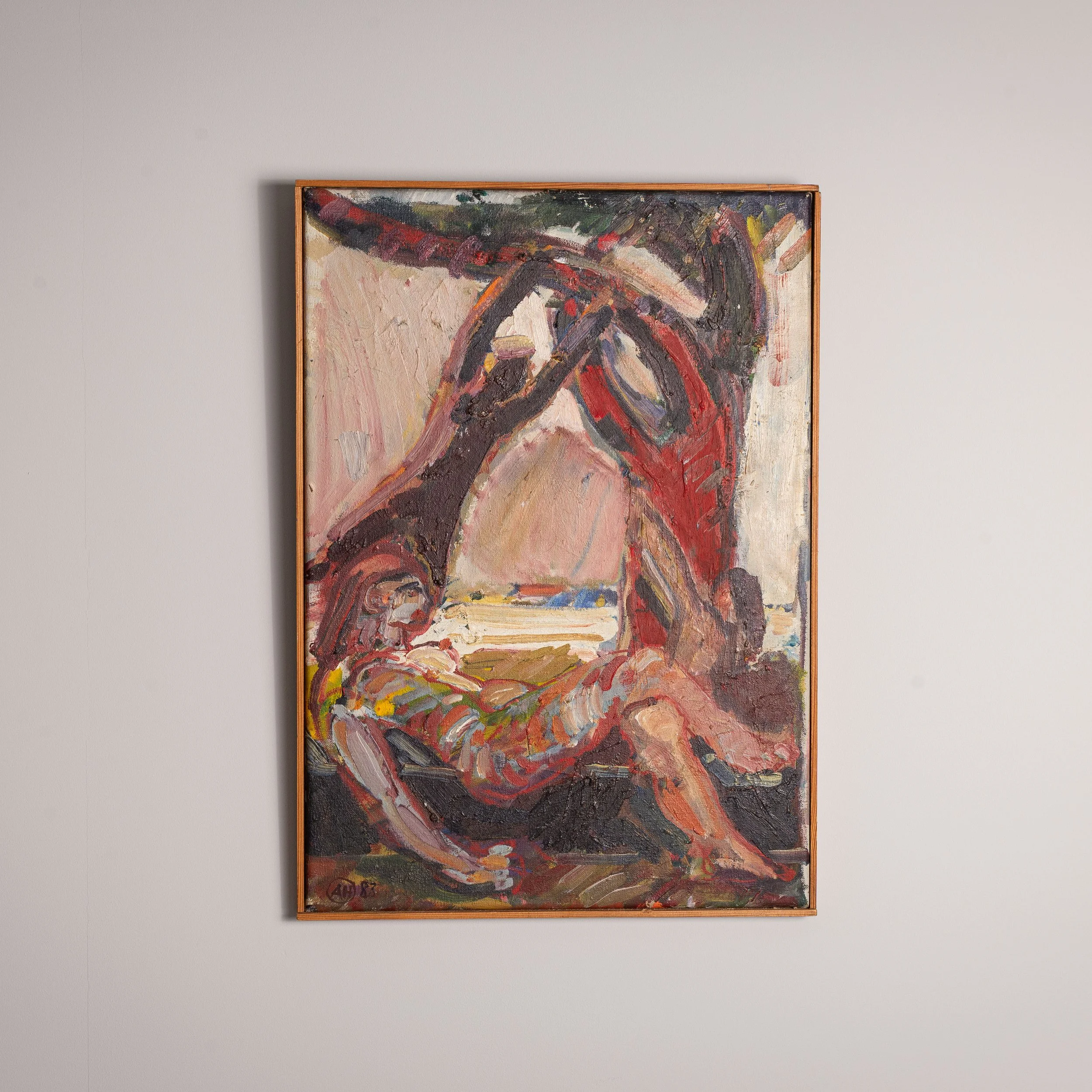 Abstract painting of people resting by a tree