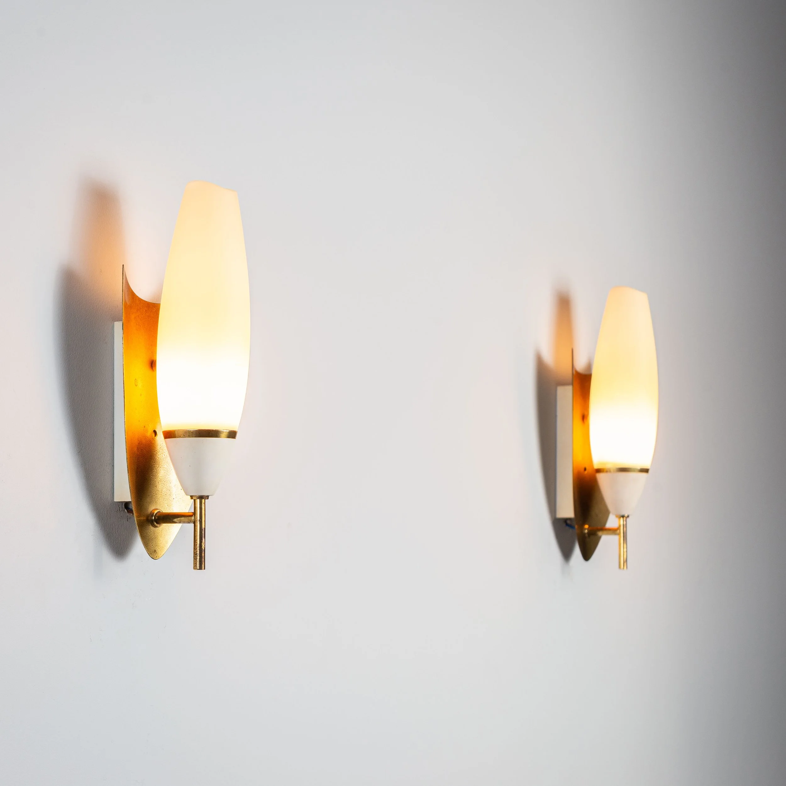 Pair of wall lamps with brass shields and glass shades
