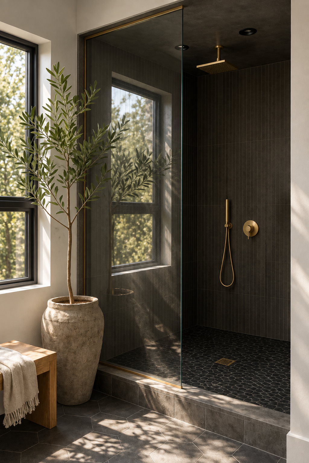 Modern bathroom with a large potted plant, a walk-in shower with black tiles, a gold showerhead, and a window letting in natural light.