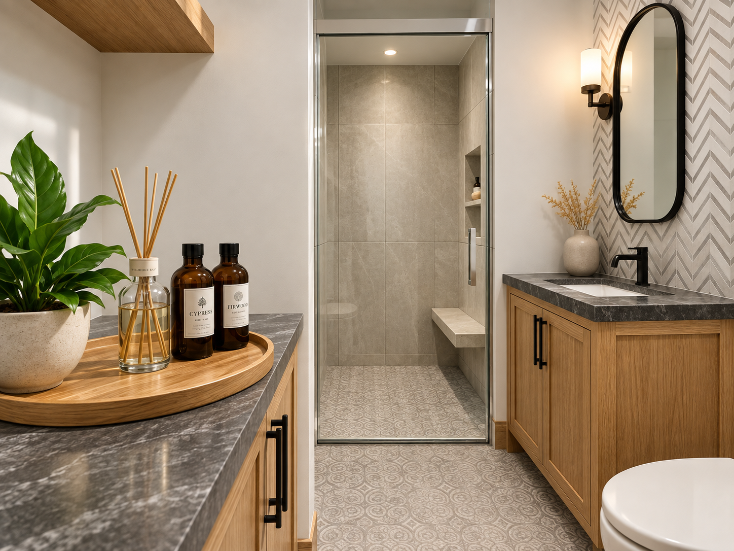 Modern bathroom with wooden cabinetry, a glass shower, a black-framed mirror, and decorative accessories like a potted plant and bottles on a tray.