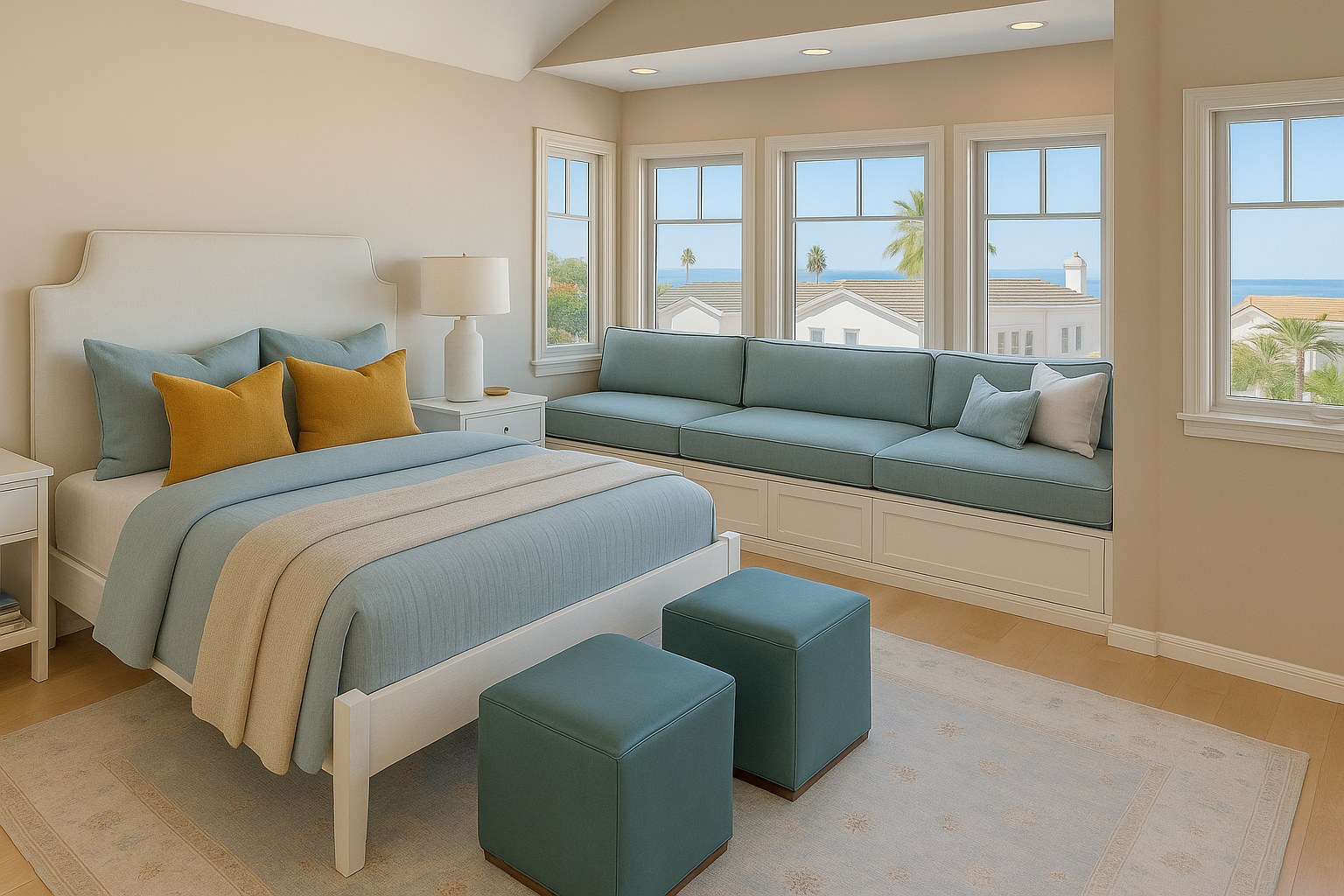 Bedroom with white bed, light blue and mustard pillows, white side tables, a white lamp, a built-in window seat with blue cushions, and view of houses, palm trees, and the ocean outside.